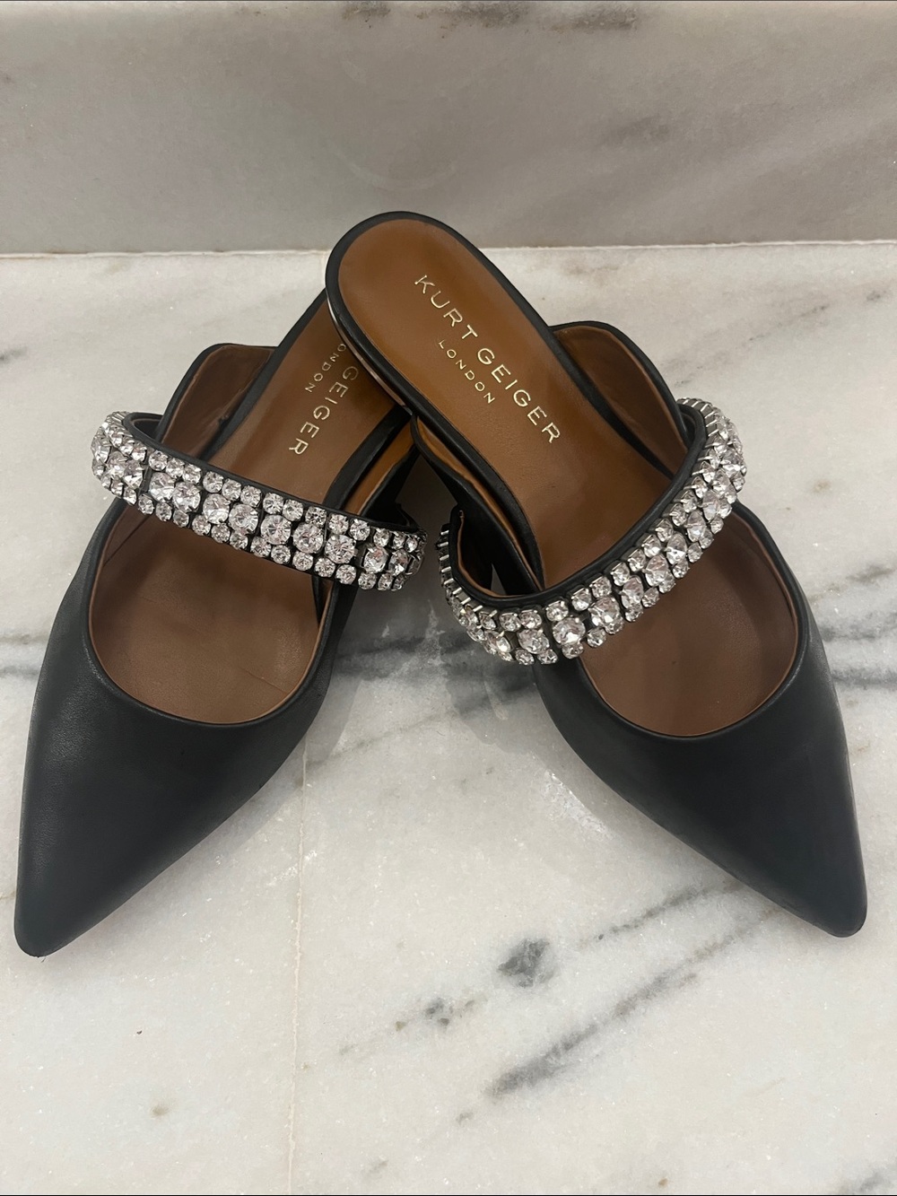 Kurt Geiger Black Pointed Crystal-Strap Mules